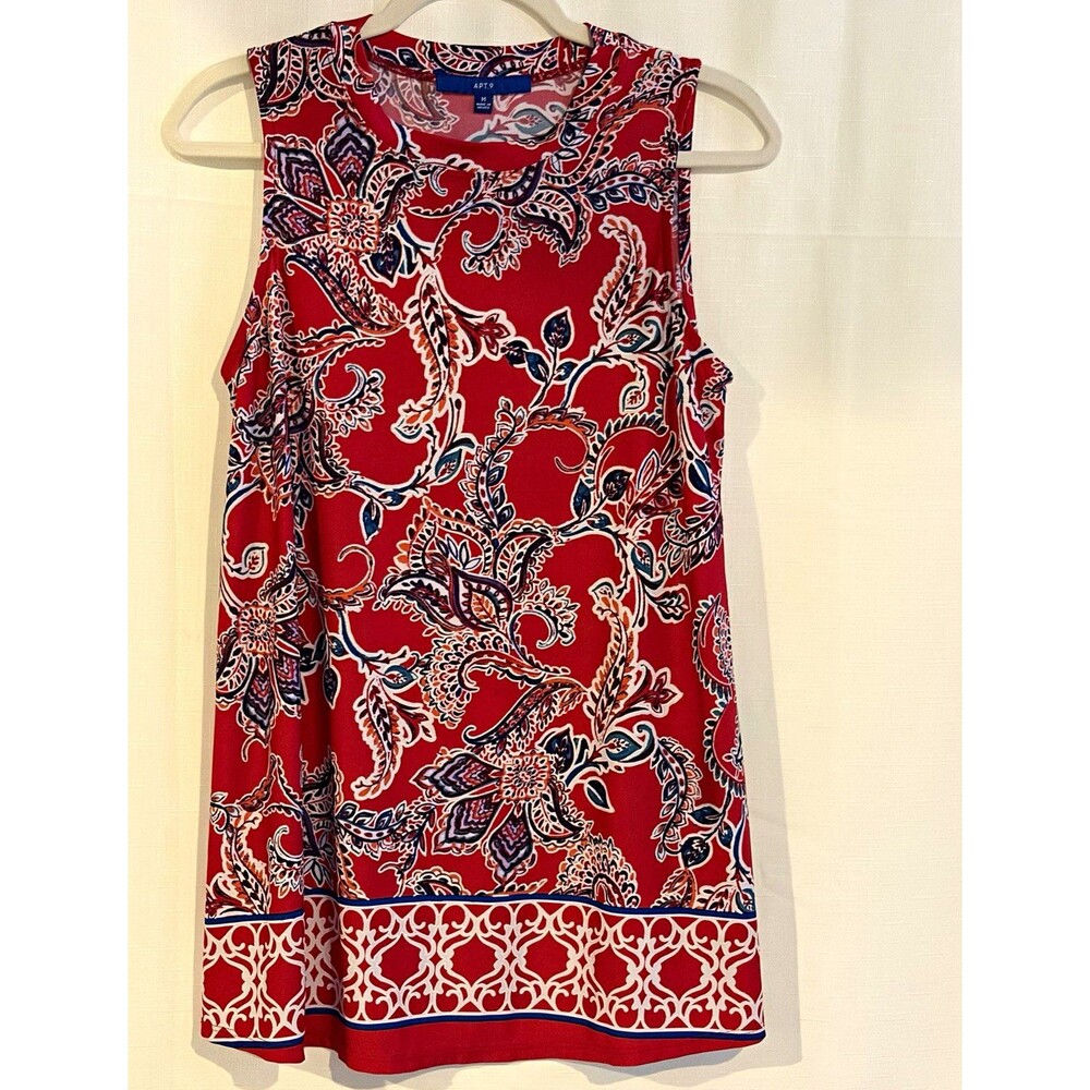 Apt. 9 Women's Red/White/Blue Paisley Round Neck Sleeveless Knit Blouse M